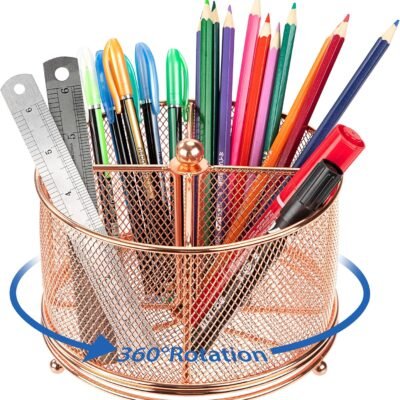360° Rotating Multifunctional Pen Holder with 4 Compartments, Rose Gold