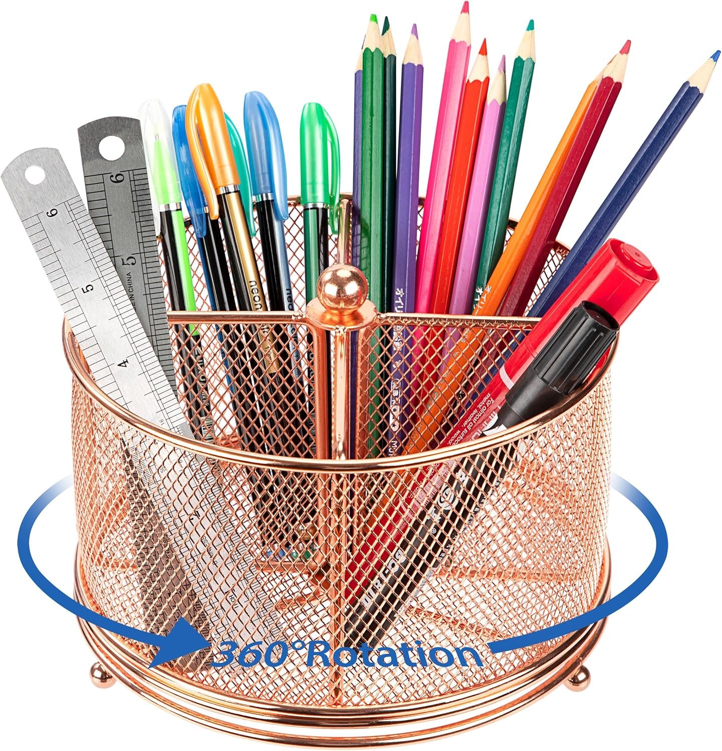 360° Rotating Multifunctional Pen Holder with 4 Compartments, Rose Gold